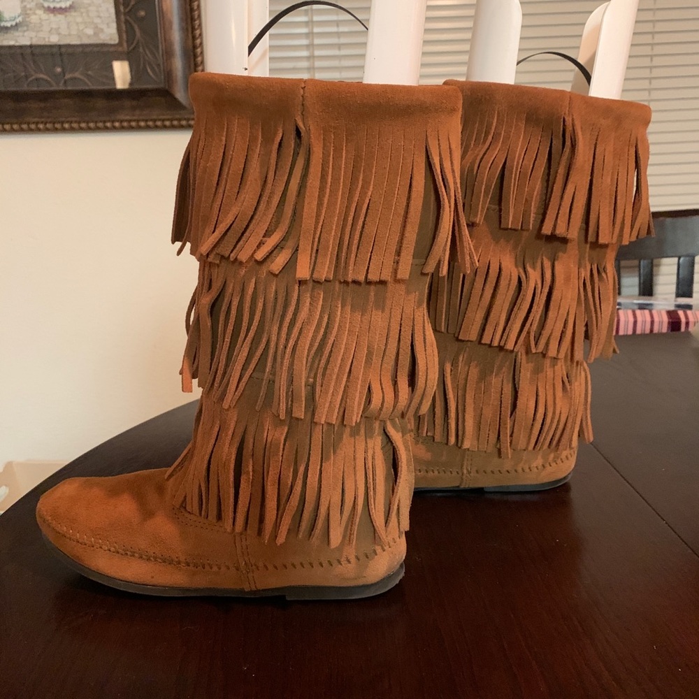 Minnetonka Triple Fringe Suede Moccasin Boots in Cognac Brown - Picture 3 of 7